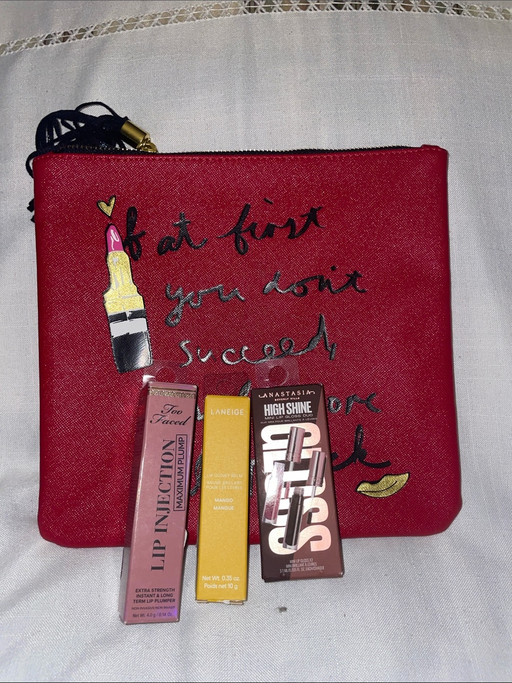 Too Faced Lip Plump-Mango Lip Balm-2 Mini Lip Gloss-Large pouch With Tassel NEW